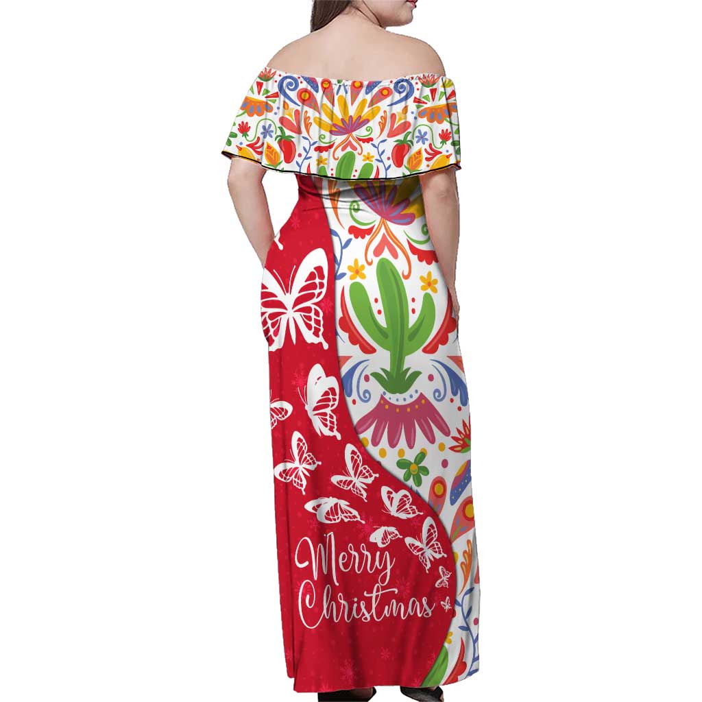 Mexico Christmas Family Matching Off Shoulder Maxi Dress and Hawaiian Shirt with Butterfly Cactus and Colorful Floral Folk Art - Wonder Print Shop