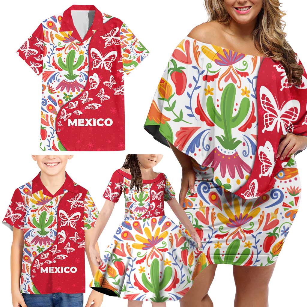 Mexico Christmas Family Matching Off Shoulder Short Dress and Hawaiian Shirt with Butterfly Cactus and Colorful Floral Folk Art - Wonder Print Shop