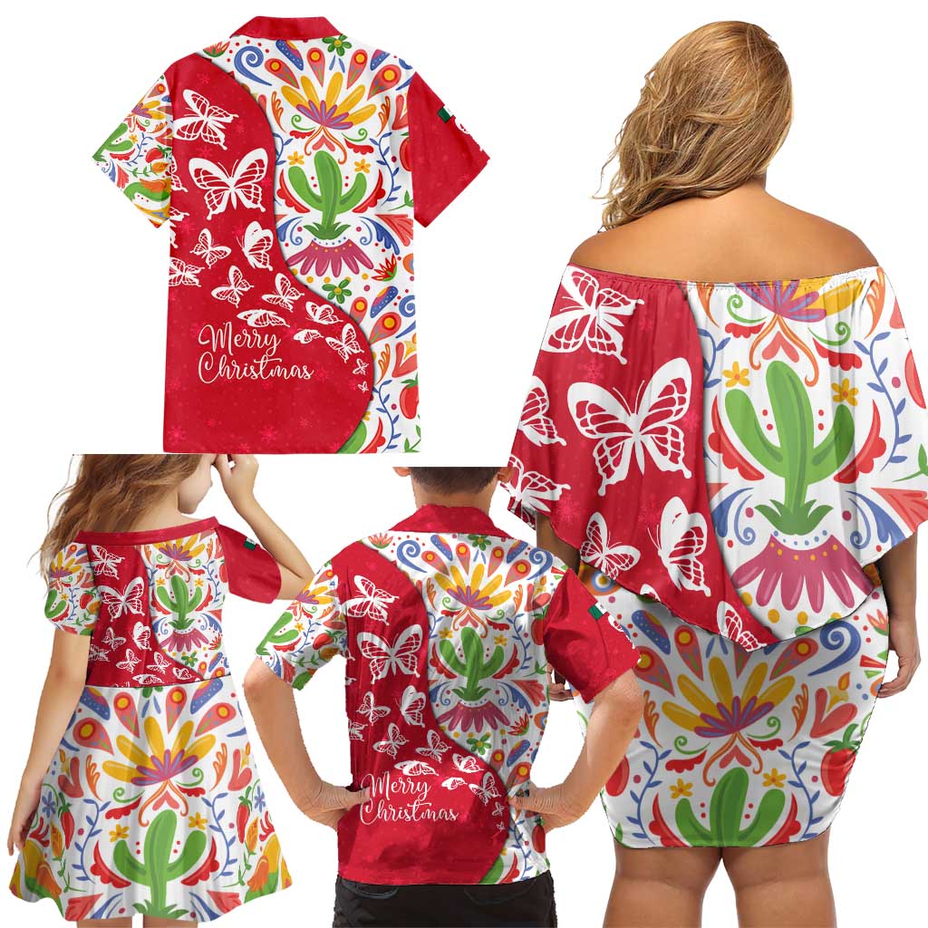 Mexico Christmas Family Matching Off Shoulder Short Dress and Hawaiian Shirt with Butterfly Cactus and Colorful Floral Folk Art - Wonder Print Shop