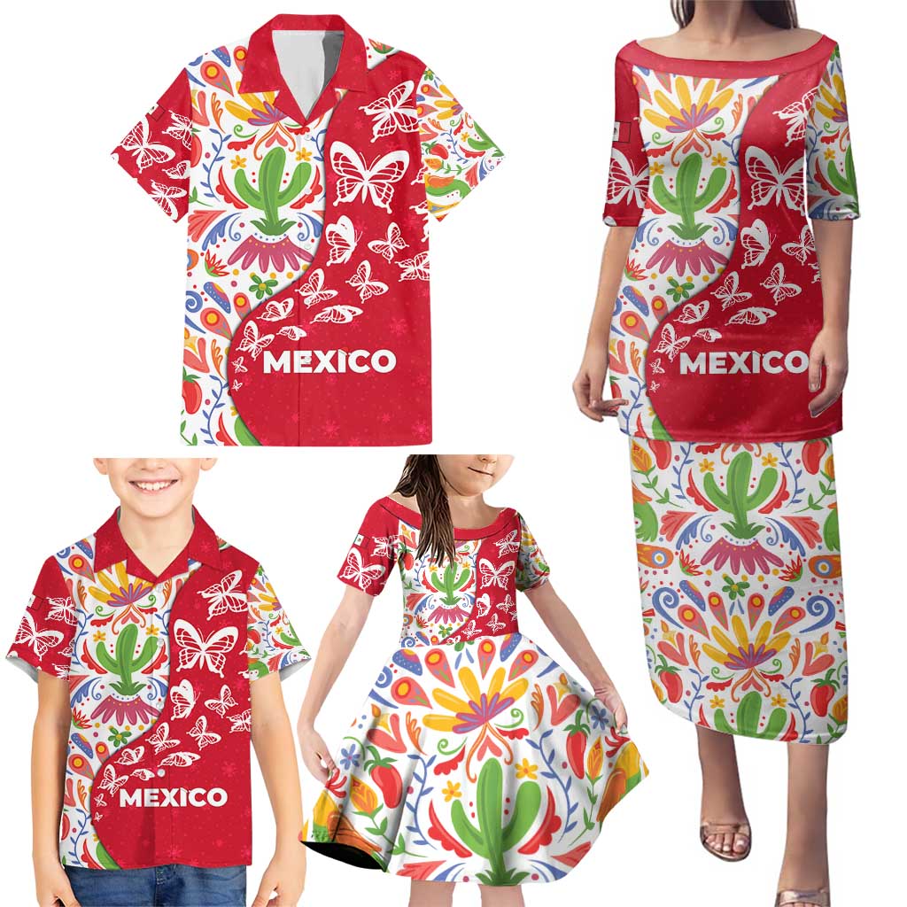 Mexico Christmas Family Matching Puletasi and Hawaiian Shirt with Butterfly Cactus and Colorful Floral Folk Art - Wonder Print Shop
