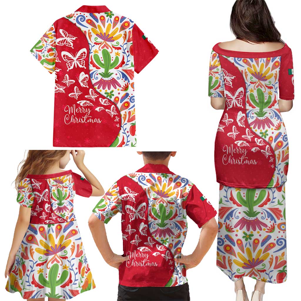 Mexico Christmas Family Matching Puletasi and Hawaiian Shirt with Butterfly Cactus and Colorful Floral Folk Art - Wonder Print Shop