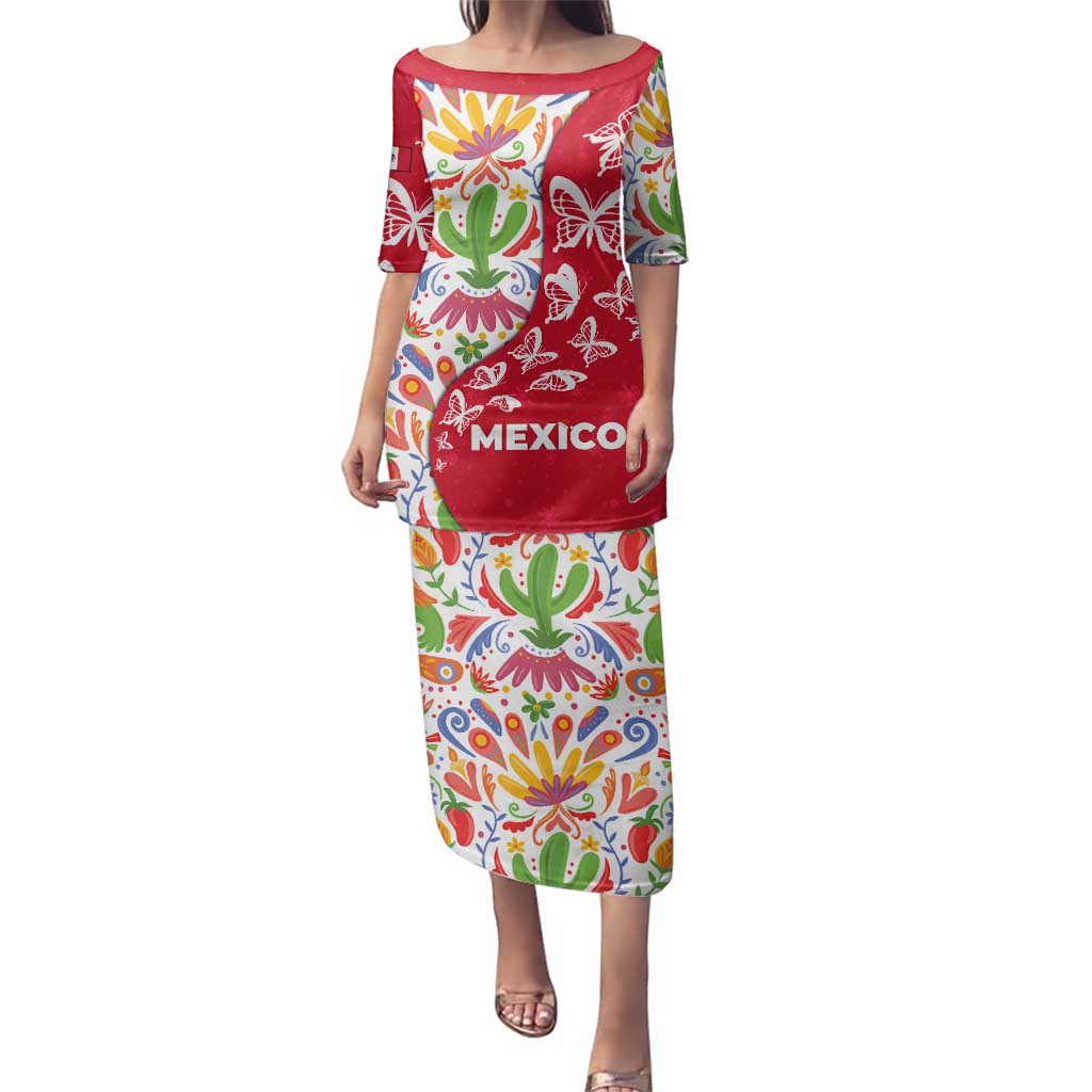 Mexico Christmas Family Matching Puletasi and Hawaiian Shirt with Butterfly Cactus and Colorful Floral Folk Art - Wonder Print Shop