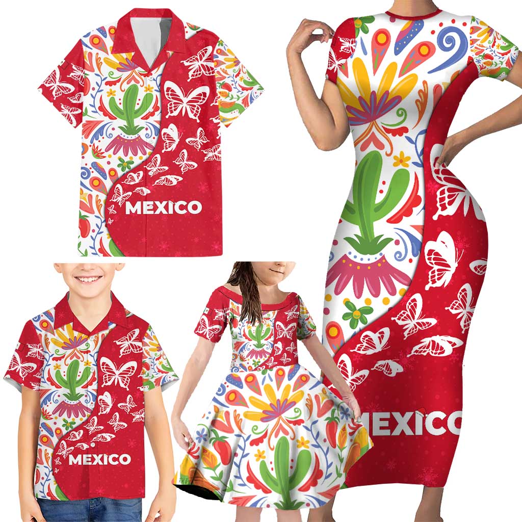 Mexico Christmas Family Matching Short Sleeve Bodycon Dress and Hawaiian Shirt with Butterfly Cactus and Colorful Floral Folk Art - Wonder Print Shop