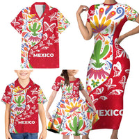 Mexico Christmas Family Matching Short Sleeve Bodycon Dress and Hawaiian Shirt with Butterfly Cactus and Colorful Floral Folk Art - Wonder Print Shop