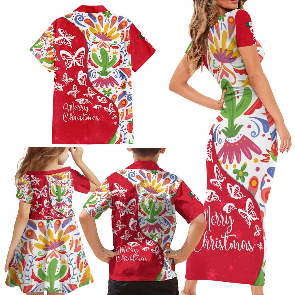Mexico Christmas Family Matching Short Sleeve Bodycon Dress and Hawaiian Shirt with Butterfly Cactus and Colorful Floral Folk Art - Wonder Print Shop