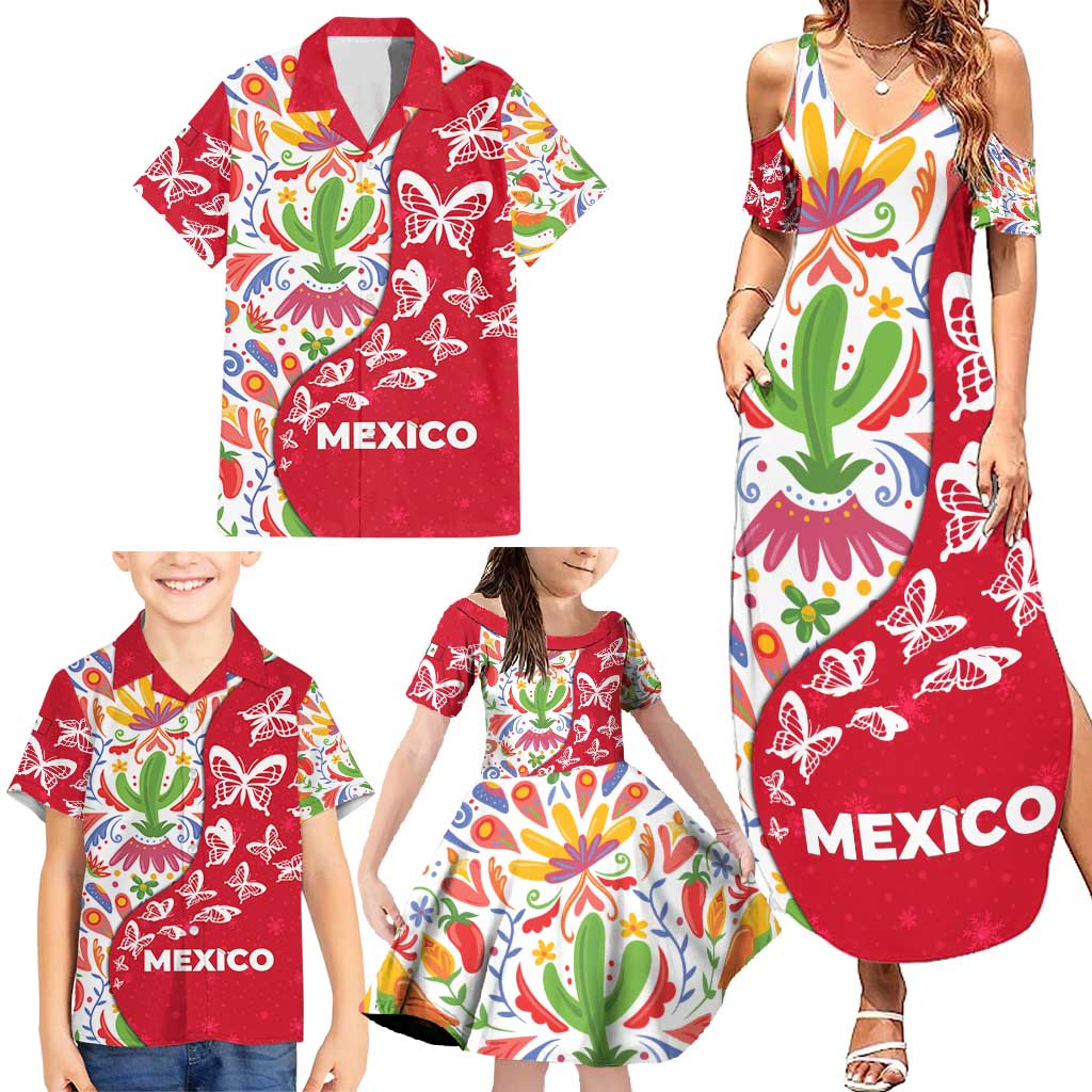 Mexico Christmas Family Matching Summer Maxi Dress and Hawaiian Shirt with Butterfly Cactus and Colorful Floral Folk Art - Wonder Print Shop