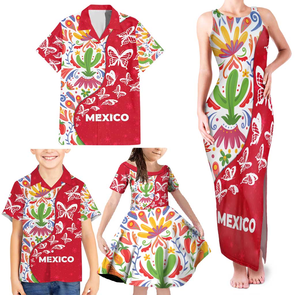 Mexico Christmas Family Matching Tank Maxi Dress and Hawaiian Shirt with Butterfly Cactus and Colorful Floral Folk Art - Wonder Print Shop