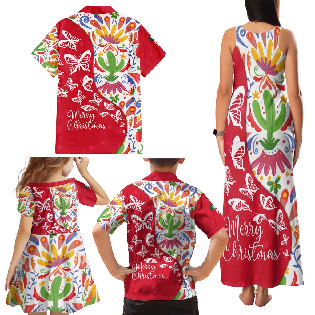 Mexico Christmas Family Matching Tank Maxi Dress and Hawaiian Shirt with Butterfly Cactus and Colorful Floral Folk Art - Wonder Print Shop
