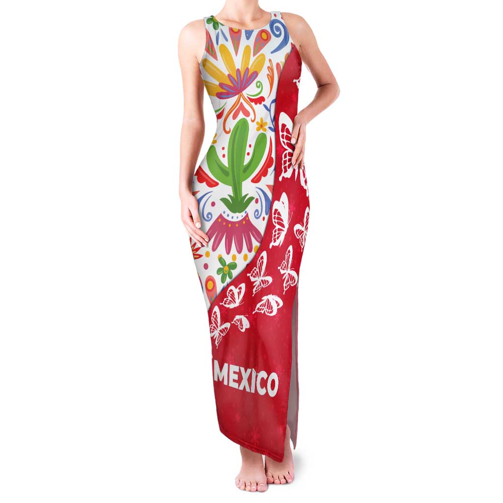 Mexico Christmas Family Matching Tank Maxi Dress and Hawaiian Shirt with Butterfly Cactus and Colorful Floral Folk Art - Wonder Print Shop