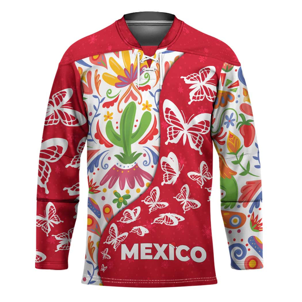 Mexico Christmas Hockey Jersey with Butterfly Cactus and Colorful Floral Folk Art - Wonder Print Shop