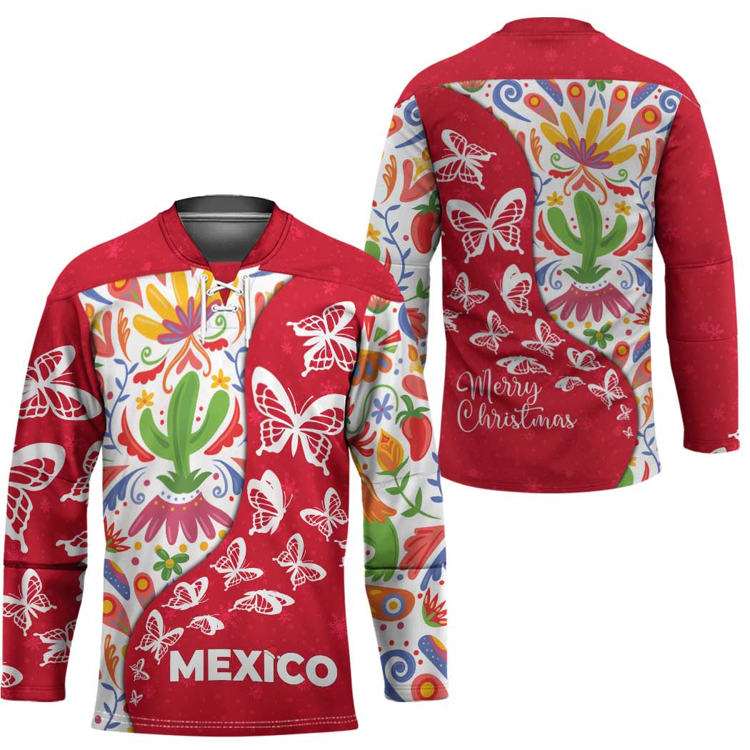 Mexico Christmas Hockey Jersey with Butterfly Cactus and Colorful Floral Folk Art - Wonder Print Shop