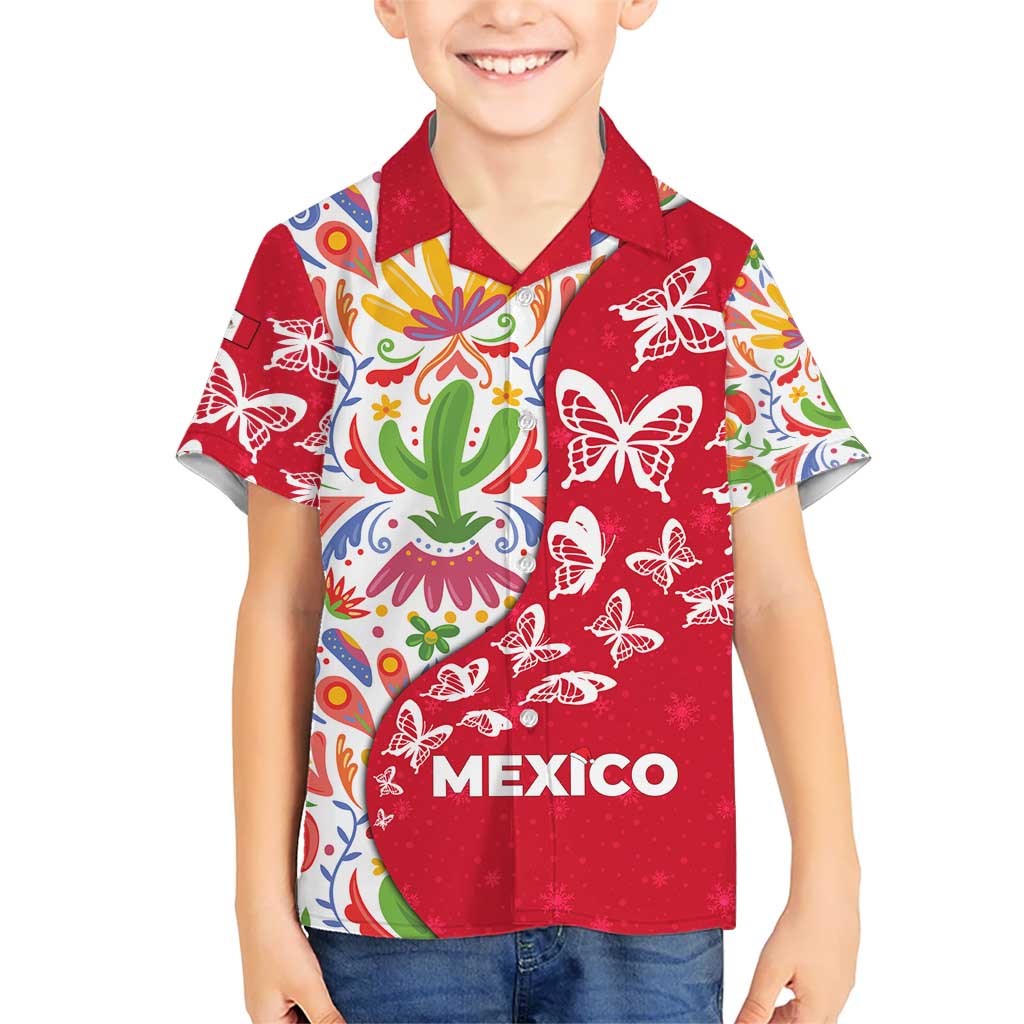 Mexico Christmas Kid Hawaiian Shirt with Butterfly Cactus and Colorful Floral Folk Art - Wonder Print Shop