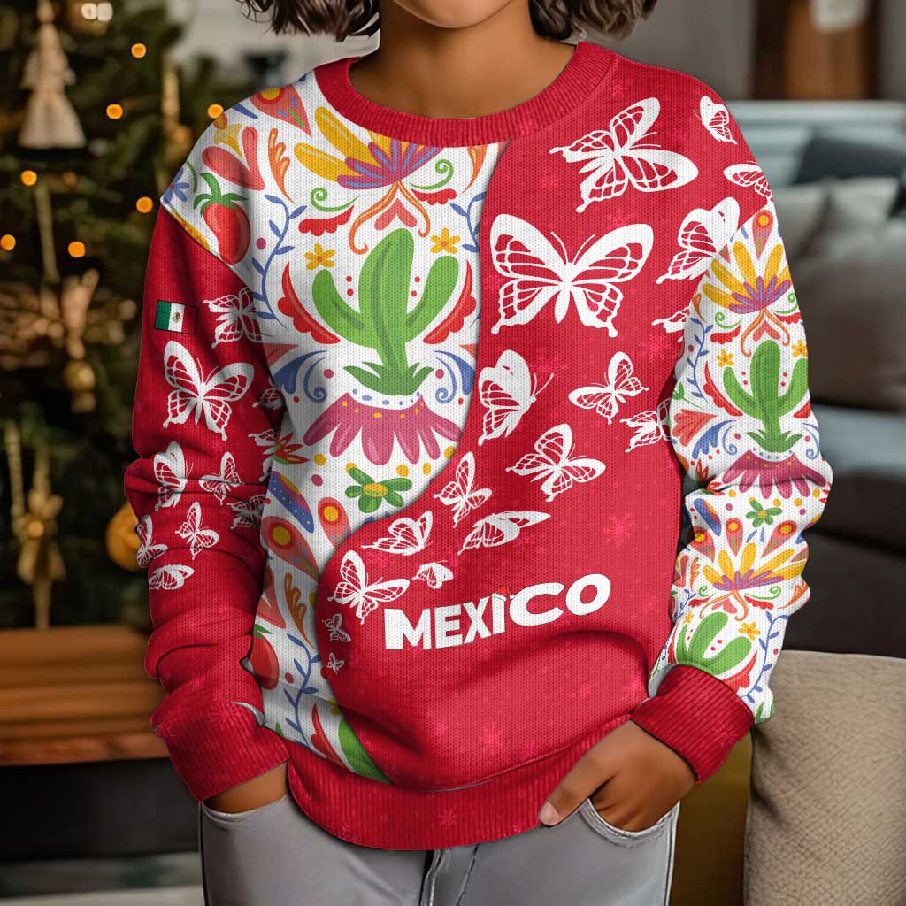 Mexico Christmas Kid Ugly Christmas Sweater with Butterfly Cactus and Colorful Floral Folk Art - Wonder Print Shop