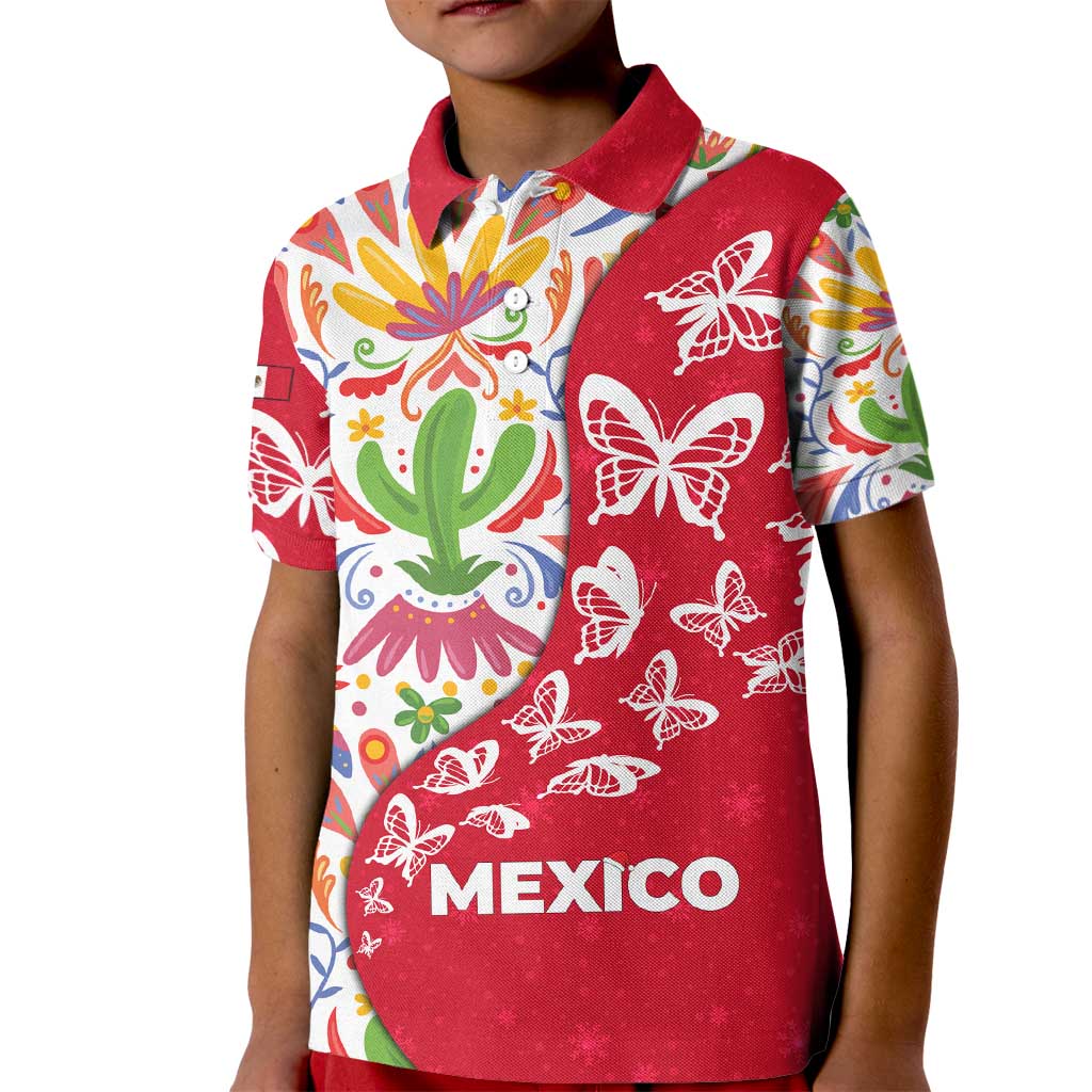Mexico Christmas Kid Polo Shirt with Butterfly Cactus and Colorful Floral Folk Art - Wonder Print Shop