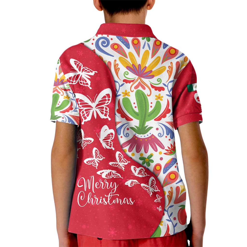 Mexico Christmas Kid Polo Shirt with Butterfly Cactus and Colorful Floral Folk Art - Wonder Print Shop