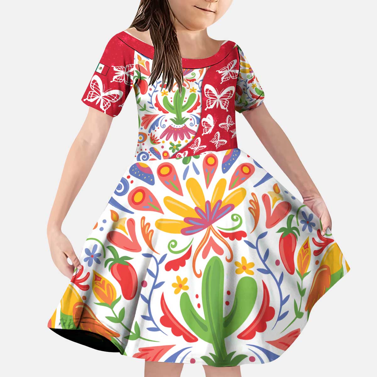 Mexico Christmas Kid Short Sleeve Dress with Butterfly Cactus and Colorful Floral Folk Art - Wonder Print Shop