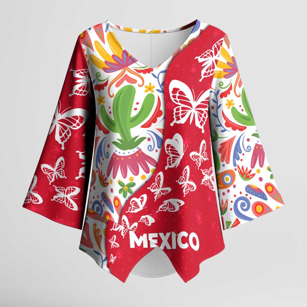 Mexico Christmas Kimono Sleeve Blouse with Butterfly Cactus and Colorful Floral Folk Art - Wonder Print Shop