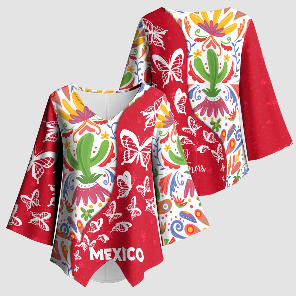 Mexico Christmas Kimono Sleeve Blouse with Butterfly Cactus and Colorful Floral Folk Art - Wonder Print Shop