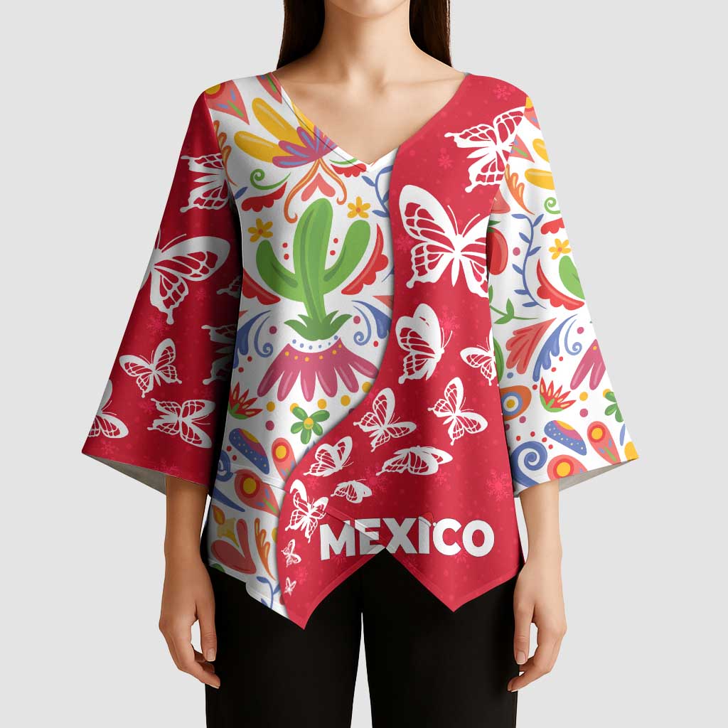 Mexico Christmas Kimono Sleeve Blouse with Butterfly Cactus and Colorful Floral Folk Art - Wonder Print Shop