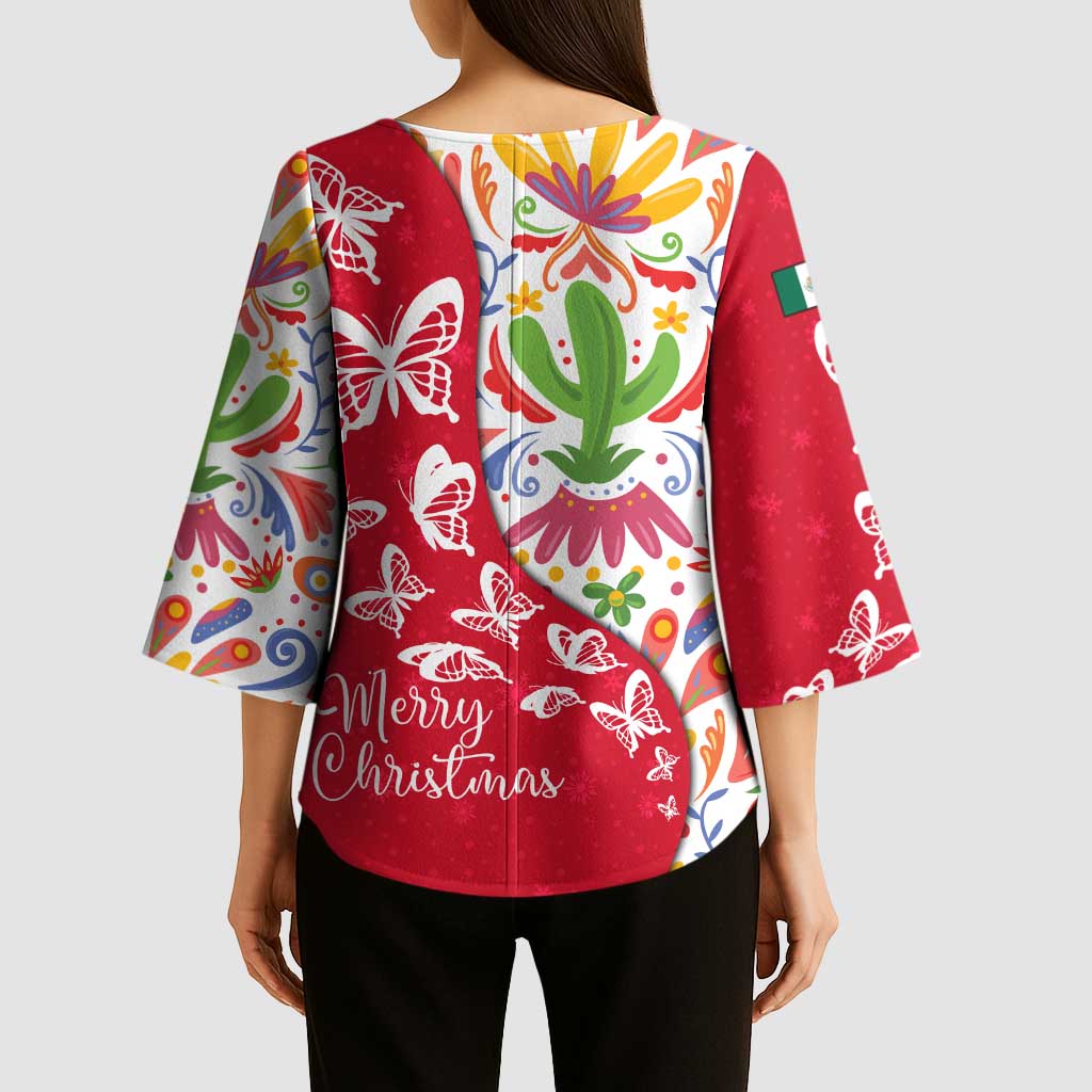 Mexico Christmas Kimono Sleeve Blouse with Butterfly Cactus and Colorful Floral Folk Art - Wonder Print Shop