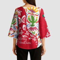 Mexico Christmas Kimono Sleeve Blouse with Butterfly Cactus and Colorful Floral Folk Art - Wonder Print Shop