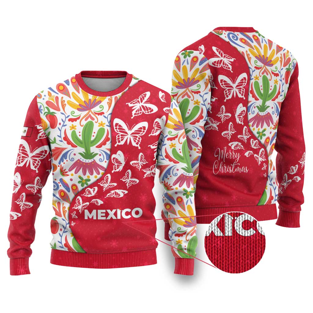 Mexico Christmas Ugly Christmas Sweater with Butterfly Cactus and Colorful Floral Folk Art - Wonder Print Shop