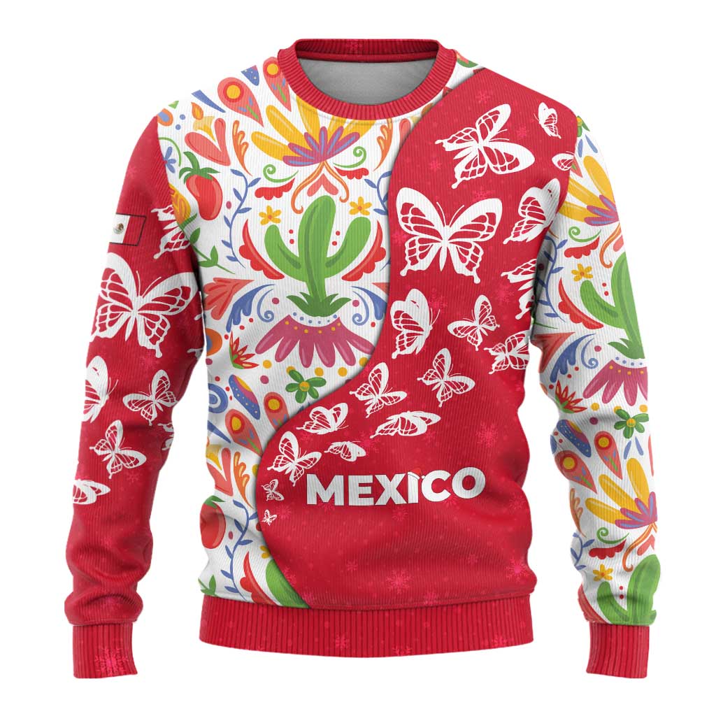 Mexico Christmas Ugly Christmas Sweater with Butterfly Cactus and Colorful Floral Folk Art - Wonder Print Shop