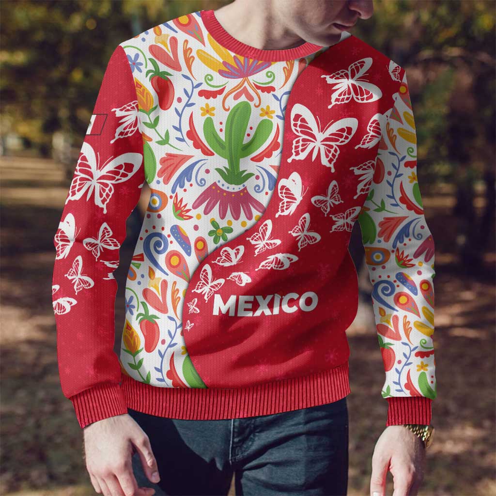Mexico Christmas Ugly Christmas Sweater with Butterfly Cactus and Colorful Floral Folk Art - Wonder Print Shop