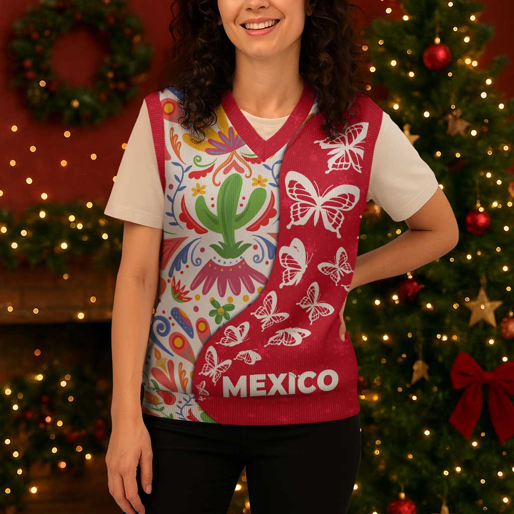 Mexico Christmas Knitted V-Neck Vest with Butterfly Cactus and Colorful Floral Folk Art - Wonder Print Shop