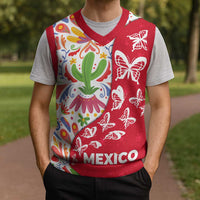 Mexico Christmas Knitted V-Neck Vest with Butterfly Cactus and Colorful Floral Folk Art - Wonder Print Shop