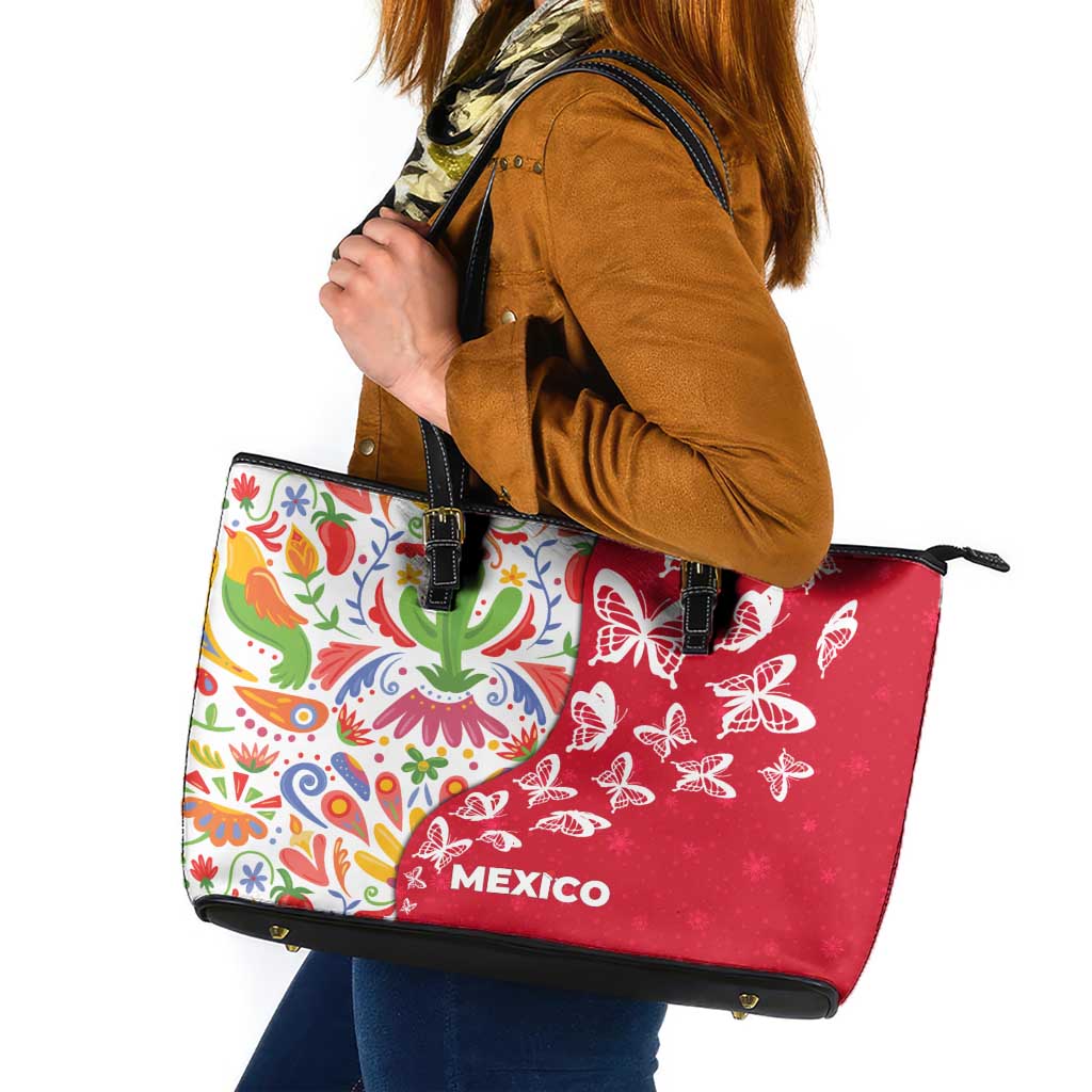 Mexico Christmas Leather Tote Bag with Butterfly Cactus and Colorful Floral Folk Art - Wonder Print Shop
