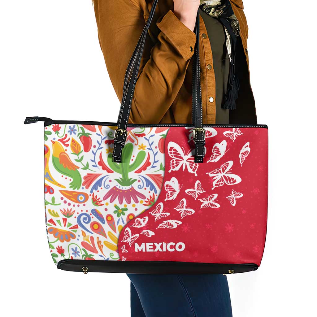 Mexico Christmas Leather Tote Bag with Butterfly Cactus and Colorful Floral Folk Art - Wonder Print Shop