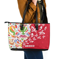 Mexico Christmas Leather Tote Bag with Butterfly Cactus and Colorful Floral Folk Art - Wonder Print Shop