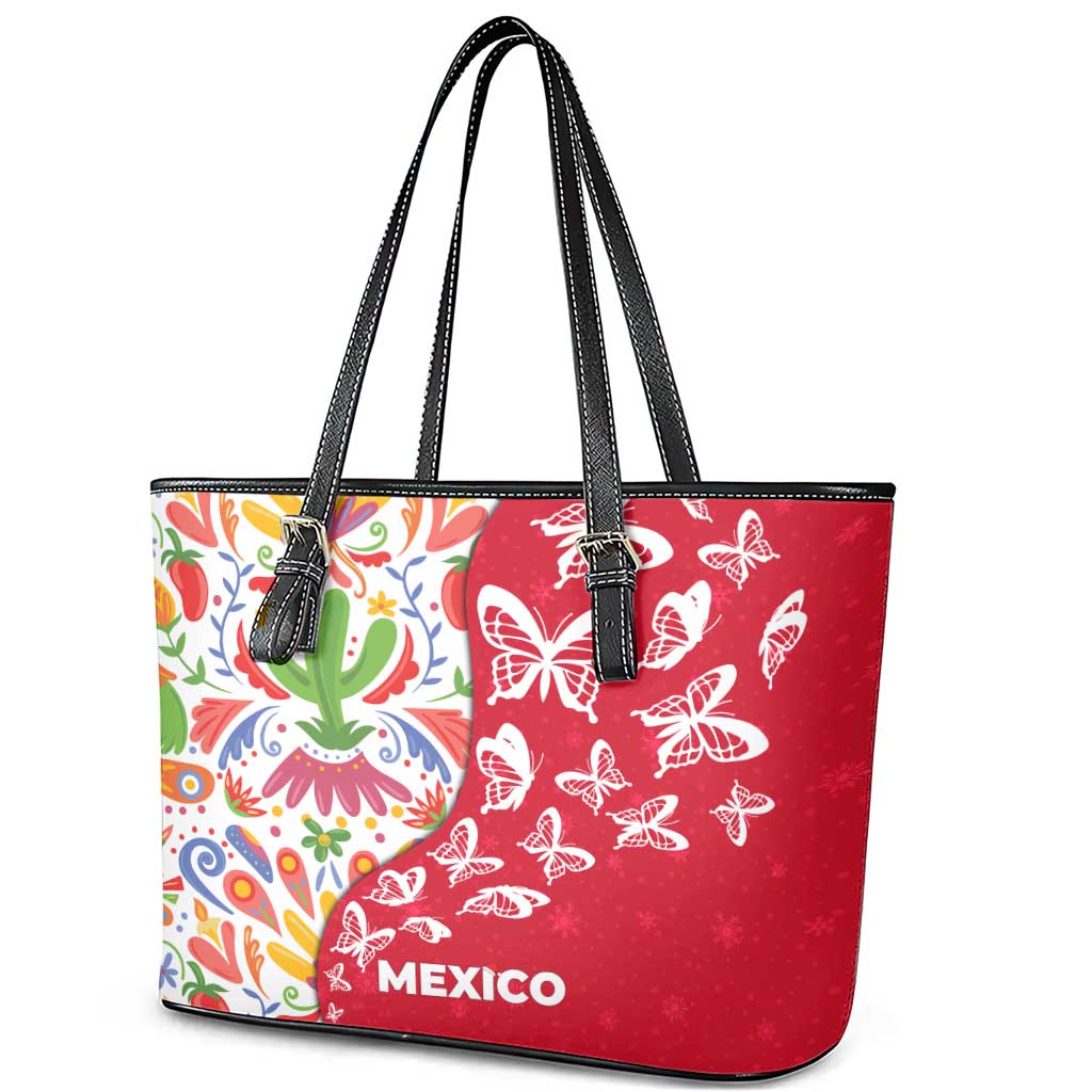 Mexico Christmas Leather Tote Bag with Butterfly Cactus and Colorful Floral Folk Art - Wonder Print Shop