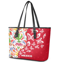 Mexico Christmas Leather Tote Bag with Butterfly Cactus and Colorful Floral Folk Art - Wonder Print Shop