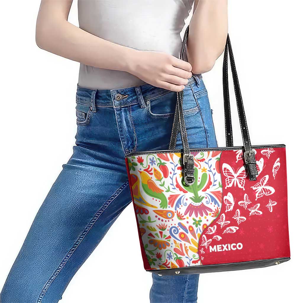 Mexico Christmas Leather Tote Bag with Butterfly Cactus and Colorful Floral Folk Art - Wonder Print Shop