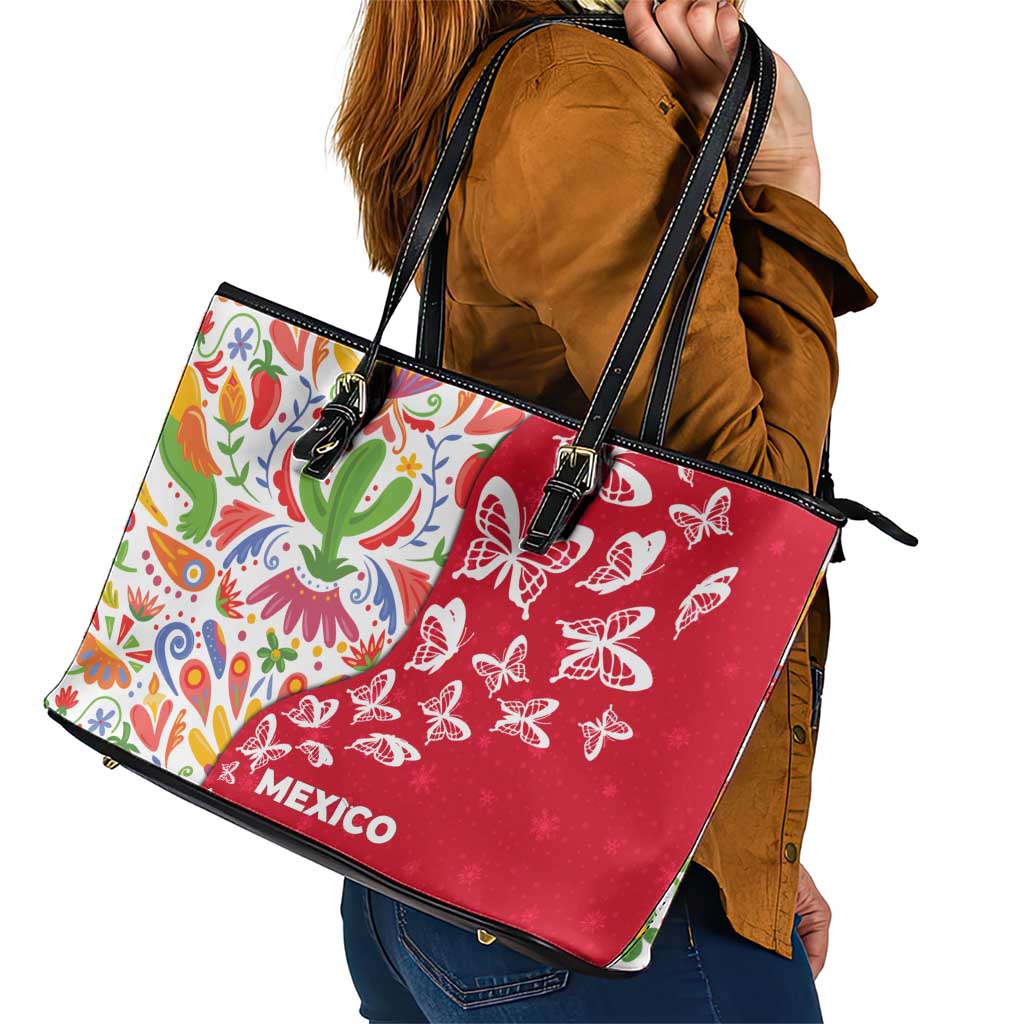 Mexico Christmas Leather Tote Bag with Butterfly Cactus and Colorful Floral Folk Art - Wonder Print Shop