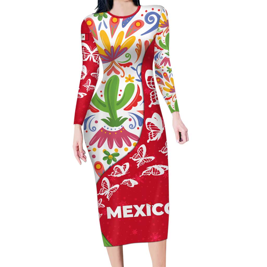Mexico Christmas Long Sleeve Bodycon Dress with Butterfly Cactus and Colorful Floral Folk Art - Wonder Print Shop