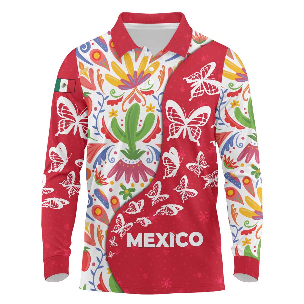 Mexico Christmas Long Sleeve Polo Shirt with Butterfly Cactus and Colorful Floral Folk Art - Wonder Print Shop