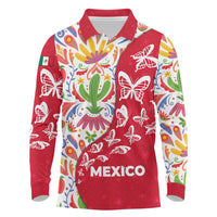 Mexico Christmas Long Sleeve Polo Shirt with Butterfly Cactus and Colorful Floral Folk Art - Wonder Print Shop
