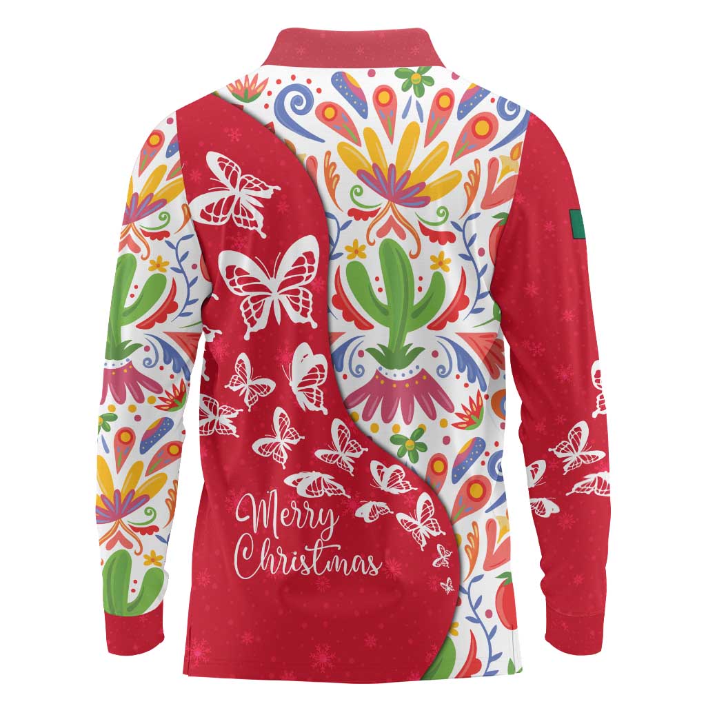 Mexico Christmas Long Sleeve Polo Shirt with Butterfly Cactus and Colorful Floral Folk Art - Wonder Print Shop