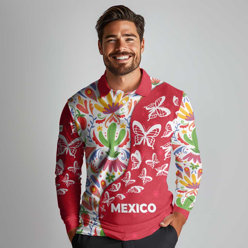 Mexico Christmas Long Sleeve Polo Shirt with Butterfly Cactus and Colorful Floral Folk Art - Wonder Print Shop