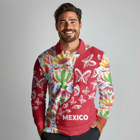 Mexico Christmas Long Sleeve Polo Shirt with Butterfly Cactus and Colorful Floral Folk Art - Wonder Print Shop