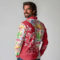 Mexico Christmas Long Sleeve Polo Shirt with Butterfly Cactus and Colorful Floral Folk Art - Wonder Print Shop