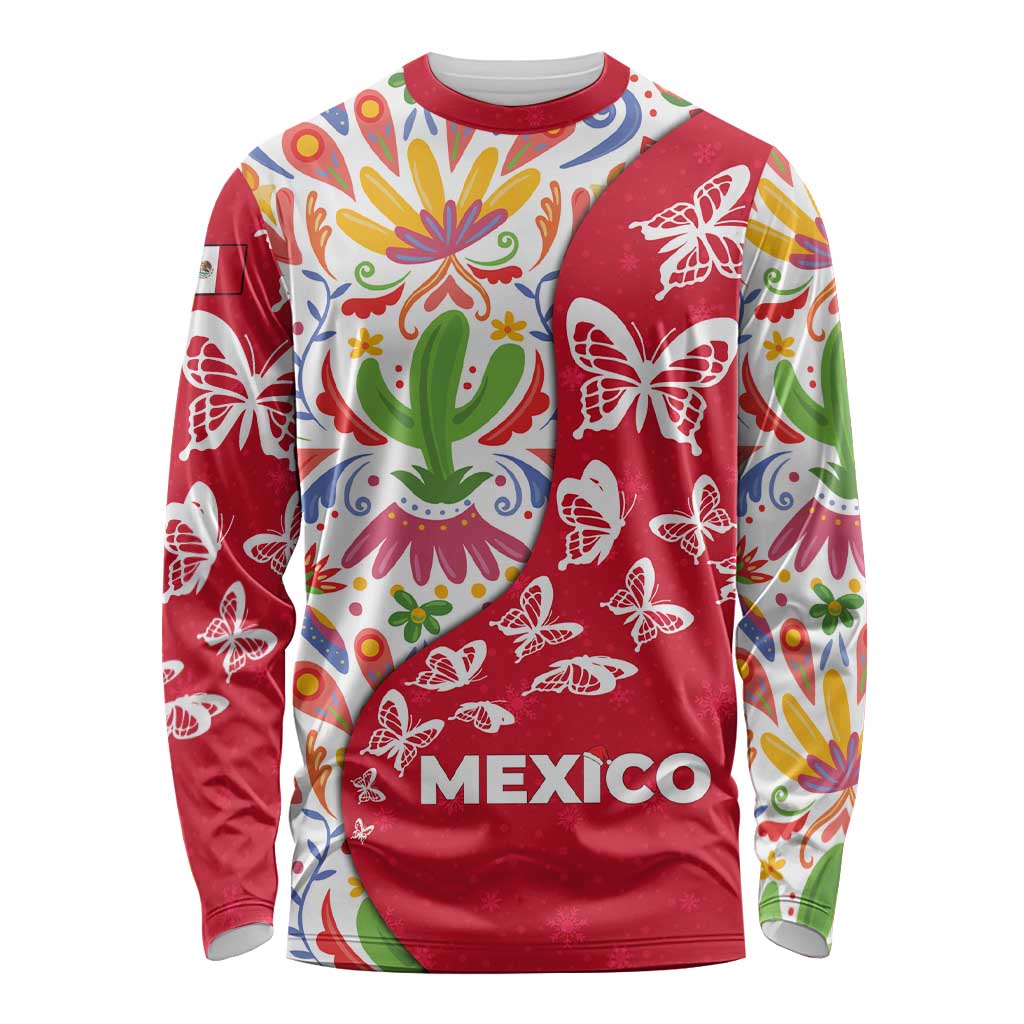 Mexico Christmas Long Sleeve Shirt with Butterfly Cactus and Colorful Floral Folk Art - Wonder Print Shop