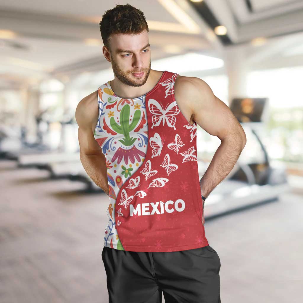 Mexico Christmas Men Tank Top with Butterfly Cactus and Colorful Floral Folk Art - Wonder Print Shop