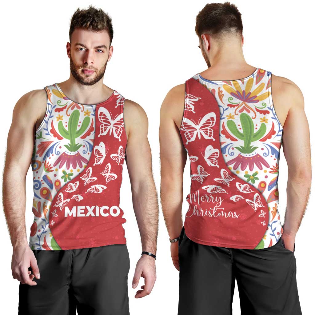 Mexico Christmas Men Tank Top with Butterfly Cactus and Colorful Floral Folk Art - Wonder Print Shop