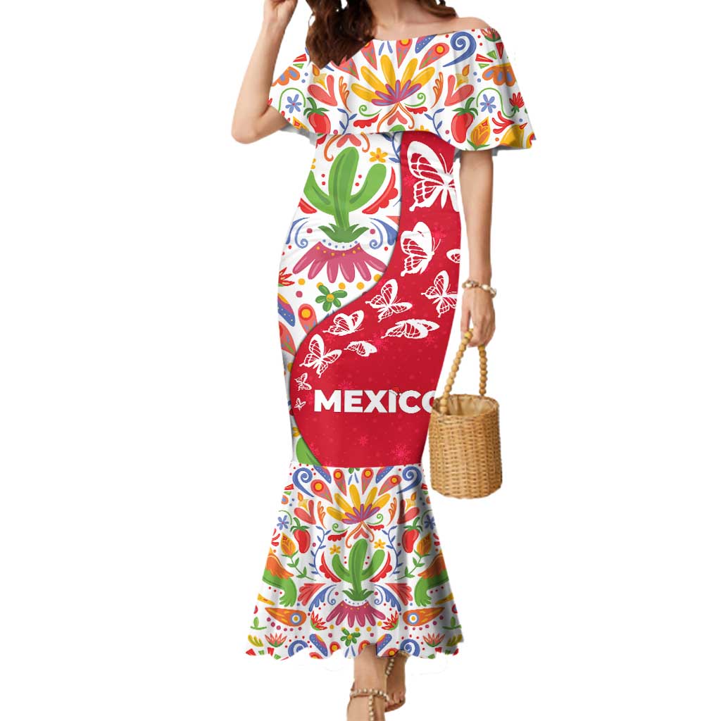 Mexico Christmas Mermaid Dress with Butterfly Cactus and Colorful Floral Folk Art - Wonder Print Shop