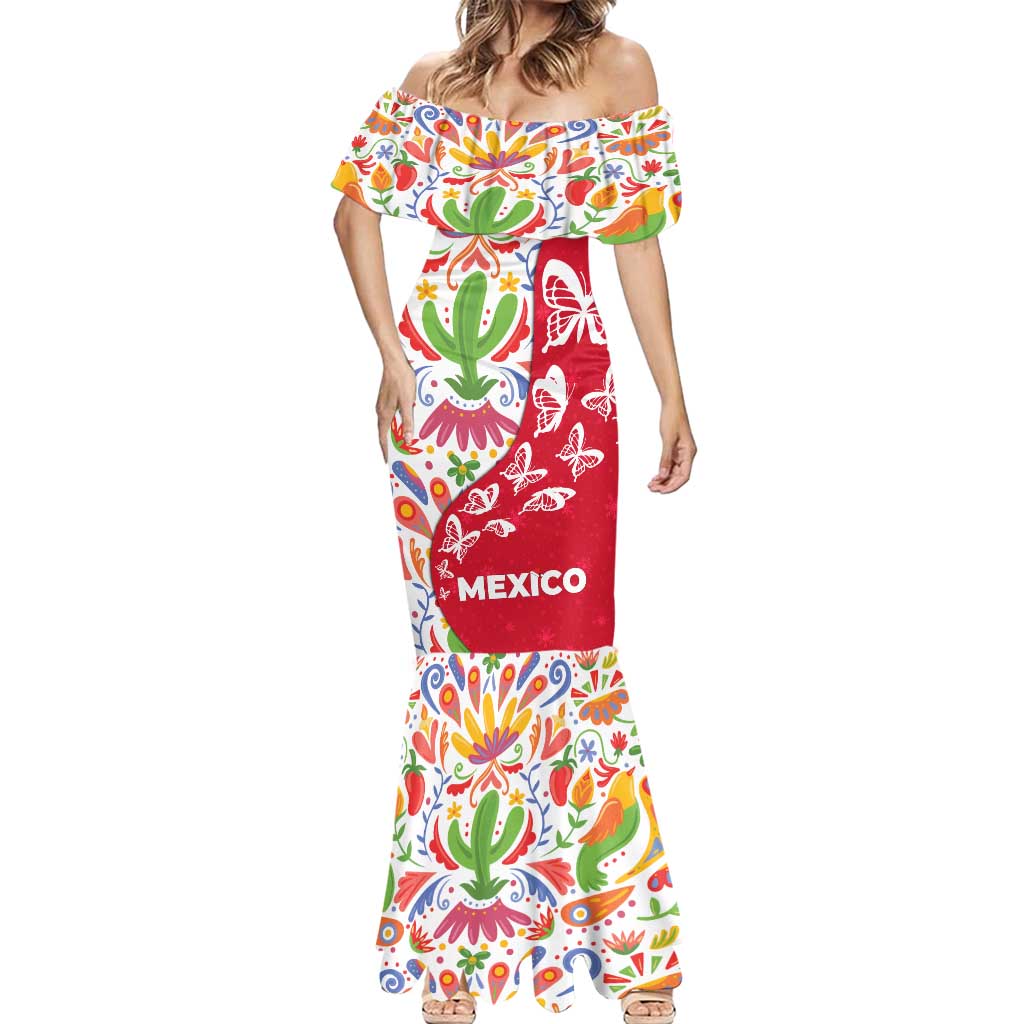 Mexico Christmas Mermaid Dress with Butterfly Cactus and Colorful Floral Folk Art - Wonder Print Shop