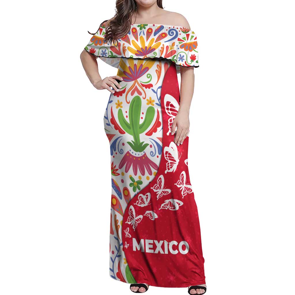 Mexico Christmas Off Shoulder Maxi Dress with Butterfly Cactus and Colorful Floral Folk Art - Wonder Print Shop